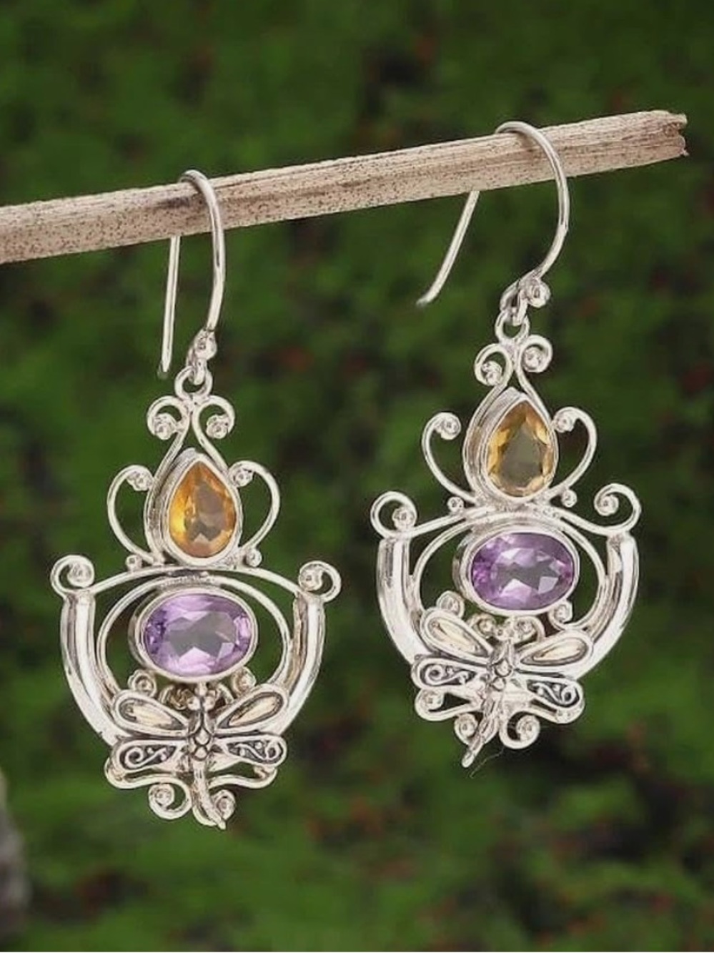 Purple and Yellow Crystal Drop Dragonfly Filigree Earrings silver-tone